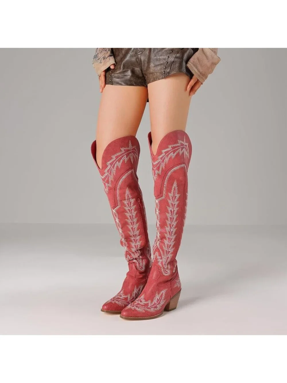 Women's Red Pointed Toe Side ZIP Embroidered Wide Calf Knee High Western Boots